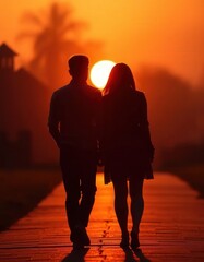 Silhouette Of Couple Walking Together At Sunset