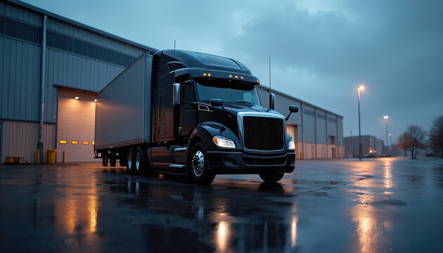 Black semi-truck parked near warehouse at dusk. Wet asphalt reflects building lights. Heavy cargo vehicle ready for transport. Global distribution and supply chain.