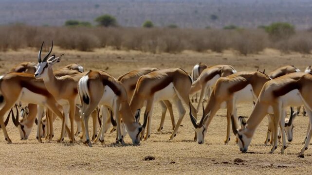 Herd of springbok grazing in arid landscape. The springbok are feeding and interacting with each other Stock Video