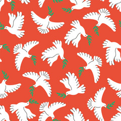 Seamless pattern with flying white doves. Vector graphics.