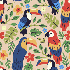 Seamless pattern with toucans and parrots and tropical flowers and leaves. Vector graphics.