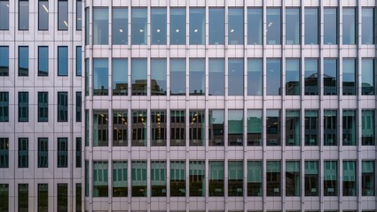 Facade of modern office building with symmetrical glass windows and metal frames, illustrating commercial real estate and business architecture