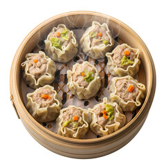 Steaming Dim Sum Siu Mai in Bamboo Steamer, Isolated Subject on Alpha