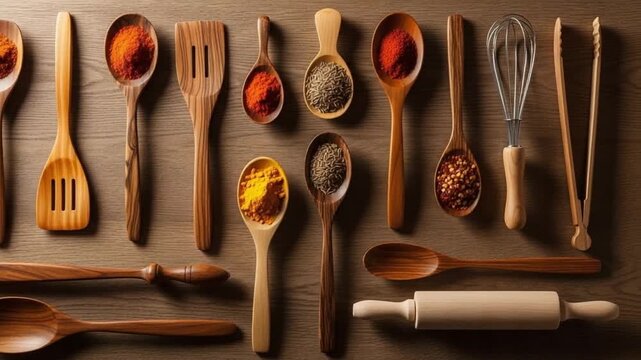 Overhead View Of Assorted Wooden Kitchen Utensils Filled With Vibrant Spices On A Textured Wooden Surface