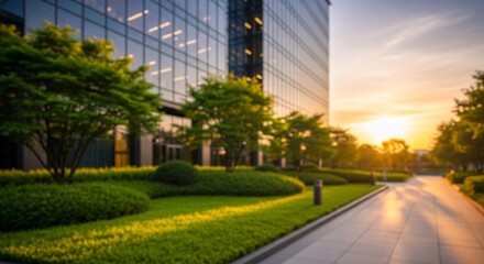 Modern office building with glass facade reflecting sunlight and lush green landscaped park area during sunset for corporate business and urban outdoor scene