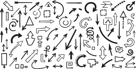 A collection of hand-drawn doodle arrows pointing in various directions and styles, isolated on a white background, perfect for graphic design elements.