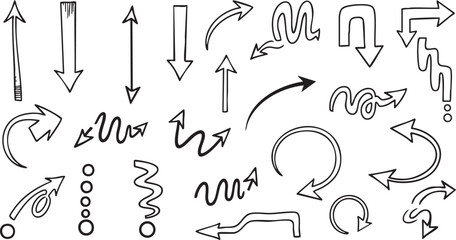 A collection of hand-drawn doodle arrows pointing in various directions and styles, isolated on a white background, perfect for graphic design elements.