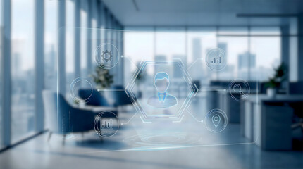Advanced HR Management Digital Interface in a Modern Blurred Corporate Office Environment with Business Data Icons
