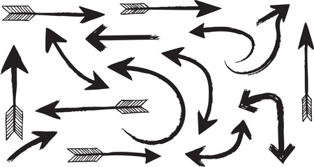 A collection of hand-drawn doodle arrows pointing in various directions and styles, isolated on a white background, perfect for graphic design elements.