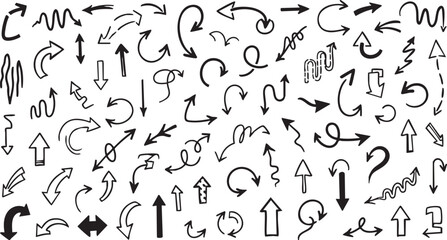 A collection of hand-drawn doodle arrows pointing in various directions and styles, isolated on a white background, perfect for graphic design elements.