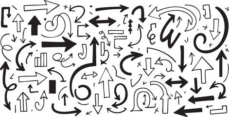 A collection of hand-drawn doodle arrows pointing in various directions and styles, isolated on a white background, perfect for graphic design elements.