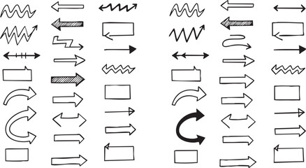 A collection of hand-drawn doodle arrows pointing in various directions and styles, isolated on a white background, perfect for graphic design elements.