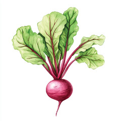 Watercolor illustration of a fresh beetroot with green leaves.