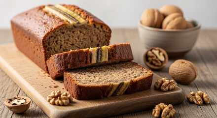 Delicious homemade marble walnut loaf cake sliced on wooden cutting board with walnuts and a bowl of whole walnuts in the background perfect for baking and dessert recipes