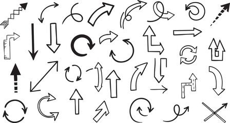 Collection of hand-drawn black brush stroke arrows pointing in various directions, including straight, curved, and circular paths, on a white background.