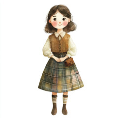 Watercolor Illustration of a Girl in Plaid Skirt and Vest.