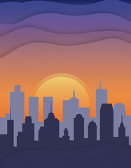 Beautiful craft illustration of city skyline at sunset. Layers of building silhouettes against warm orange and purple sky create peaceful and calm urban scenic view