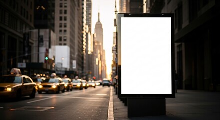 Urban city street scene with busy traffic and tall buildings during sunset with an empty illuminated billboard for advertising or announcements