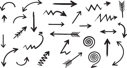 Collection of hand-drawn black brush stroke arrows pointing in various directions, including straight, curved, and circular paths, on a white background.