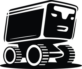 A black and white illustration of a cartoon robot on wheels