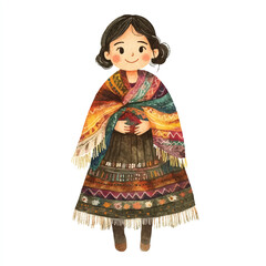 Watercolor Illustration of a Girl in Traditional Andean Clothing.