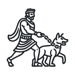 Warrior walking with a dog on a leash in a classic art style