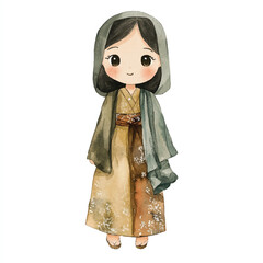 Watercolor Illustration of a Girl in Traditional Clothing with Head Covering.