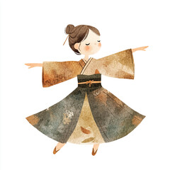 Watercolor Illustration of a Girl in Traditional Japanese Kimono Dancing.