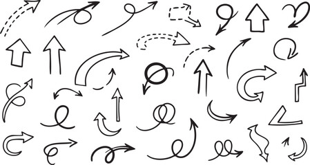 A collection of various hand-drawn doodle arrows pointing in different directions, including curved, straight, dotted, and looping designs.