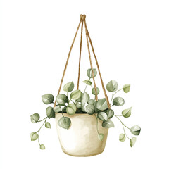 Watercolor illustration of a hanging plant in a cream colored pot with green leaves.