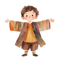 Watercolor illustration of a happy boy in a colorful coat.
