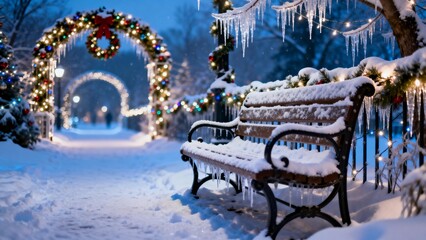 Snowy bench under festive lights