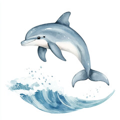 Watercolor illustration of a happy dolphin jumping from the sea wave.