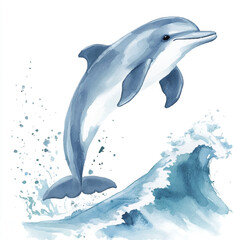 Watercolor illustration of a happy dolphin jumping from the sea.