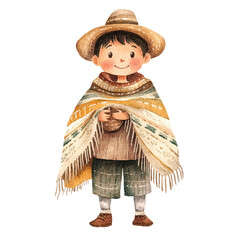 Watercolor illustration of a happy young boy wearing a traditional poncho and hat.