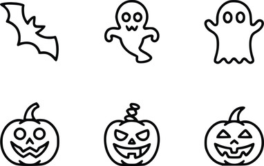 Halloween line art icons featuring pumpkins ghosts and a bat illustration