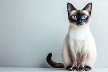 Siamese cat with dark points and bright blue eyes poses on a neutral background. Detailed fur texture and studio lighting create a clean modern stock look