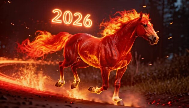 flaming fire horse with 2026 numerals perfect for chinese new year lunar zodiac celebration banner