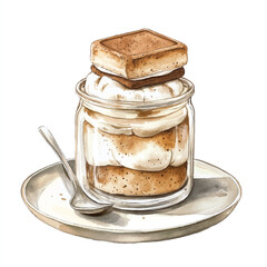 Watercolor illustration of a layered dessert in a glass jar.