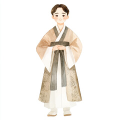 Watercolor Illustration of a Man in Traditional Korean Hanbok.