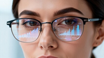 Closeup of woman with glasses showing data charts