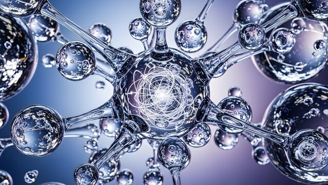 Abstract scientific background featuring glass molecular structures with glowing central nucleus and neural network connections representing biotechnology research and microscopic cellular anatomy - Powered by Adobe