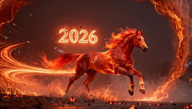 flaming fire horse with 2026 numerals perfect for chinese new year lunar zodiac celebration banner