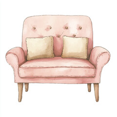 Watercolor illustration of a pink armchair with two pillows cozy and inviting.