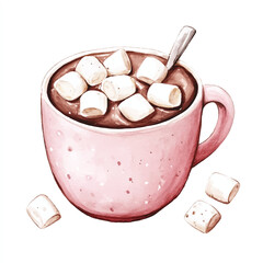 Watercolor illustration of a pink mug with hot chocolate and marshmallows.