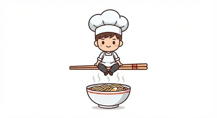 Adorable Little Chibi Chef Mascot Sitting on Giant Chopsticks over a Steaming Bowl of Japanese Ramen Noodle Soup, Kawaii Vector Illustration for Restaurant Branding and Menu Design