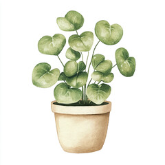 Watercolor illustration of a potted green plant with round leaves.