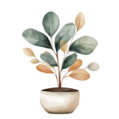 Watercolor illustration of a potted plant with green and orange leaves.