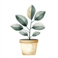 Watercolor illustration of a potted plant with green leaves 1.