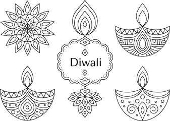Intricate black and white illustration of diwali lamps and decorative floral elements